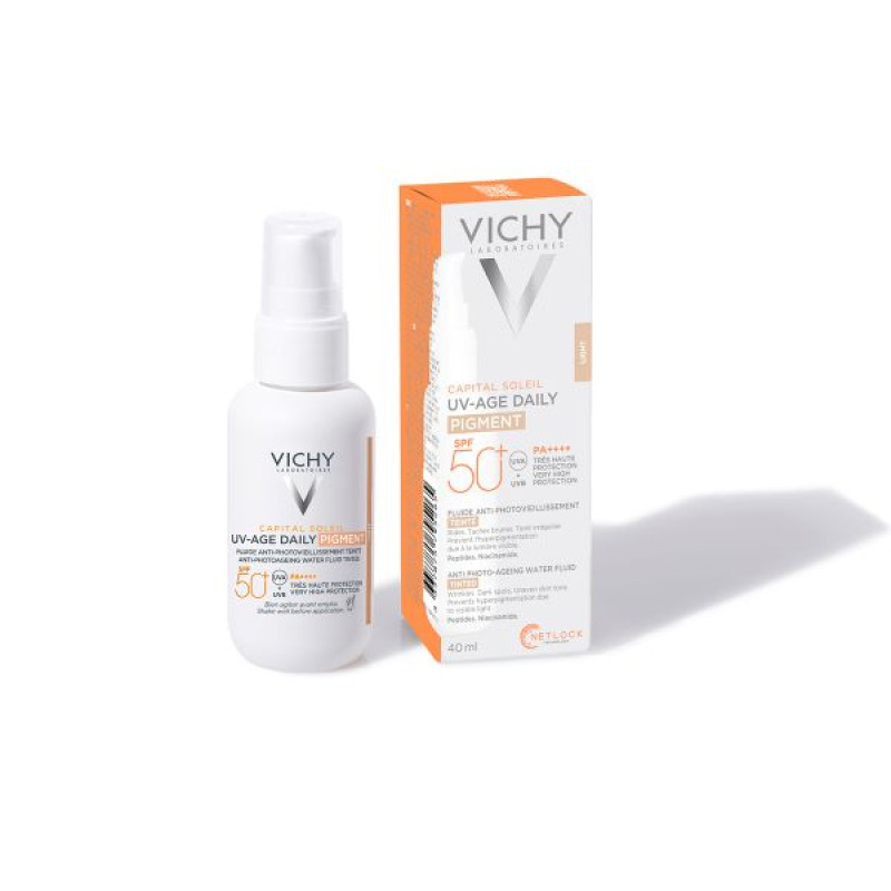 Флюїд сонцезахисний Vichy Капіталь Солей SPF 50+ проти ознак фотостаріння шкіри обличчя з тонуючим пігментом 40 мл