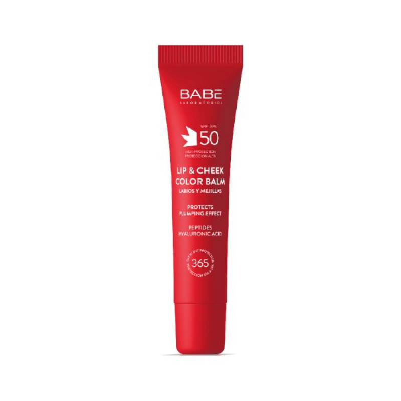 Babe Laboratorios Sun Protection SPF 50 Lip and Cheek Tint Balm with Hyaluronic Acid and Peptides RED 20 ml