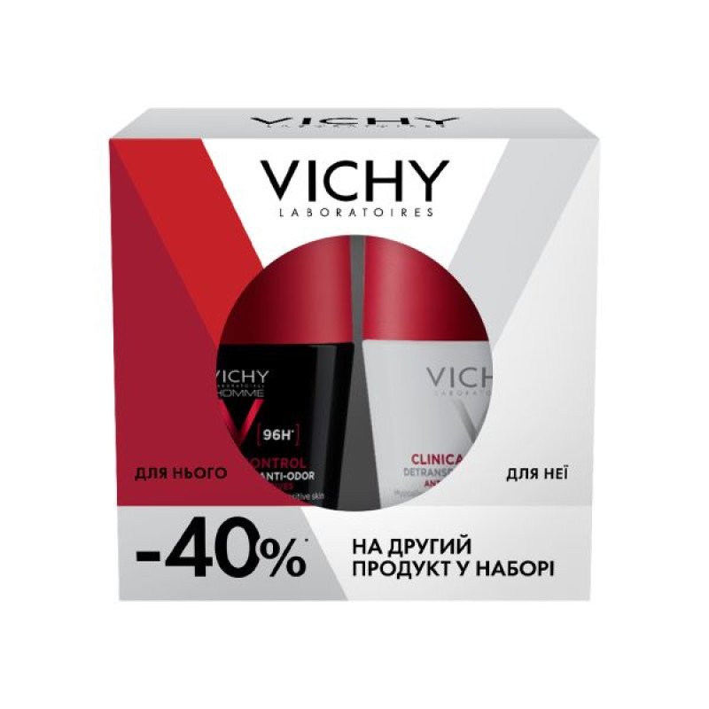 Набір антиперспірантів кулькових Vichy Део Клінікал Контрол Жіночий антиперспірант 96 годин 50 мл та Антиперспірант для чоловіків 96 годин зах