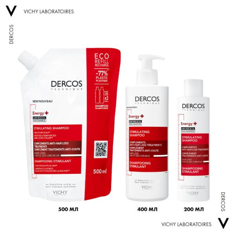 Тонизирующий шампунь Vichy Dercos Energy+ Stimulating Shampoo refill для борьбы с выпадением волос, сменный блок 500 мл