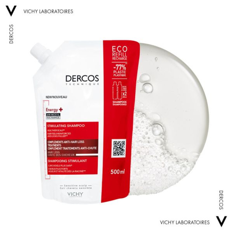 Тонизирующий шампунь Vichy Dercos Energy+ Stimulating Shampoo refill для борьбы с выпадением волос, сменный блок 500 мл