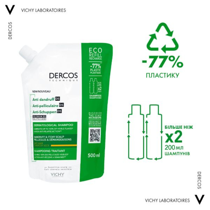 Шампунь от перхоти Vichy Dercos Anti-Pelliculaire Anti-Dandruff Shampooing refill для сухих волос, сменный блок 500 мл