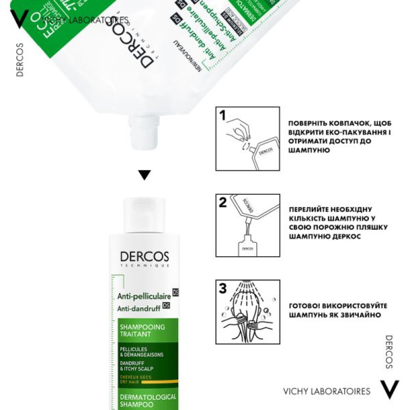 Шампунь от перхоти Vichy Dercos Anti-Pelliculaire Anti-Dandruff Shampooing refill для сухих волос, сменный блок 500 мл