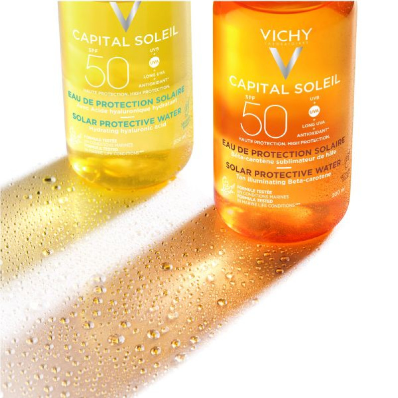Сонцезахисний водний двофазний зволожуючий спрей Vichy Капіталь Солей SPF 50+ для обличчя і тіла з гіалуроновою кислотою 200 мл