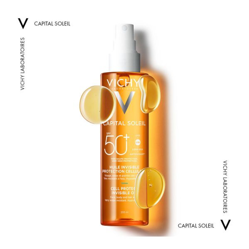 Сонцезахисна водостійка олійка Vichy Капіталь Солей SPF 50+ для шкіри обличчя, тіла та кінчиків волосся 200 мл