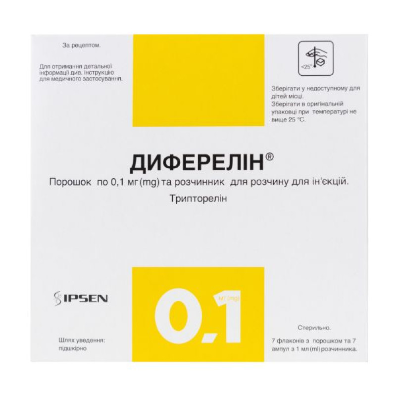 Diferelin lyophilized powder for preparation of suspension for injection 0.1 mg vial with solvent in ampoules 1 ml No. 7